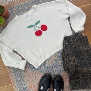 Pink Rose Cream Crewneck Sweater with Red Cherry Motif